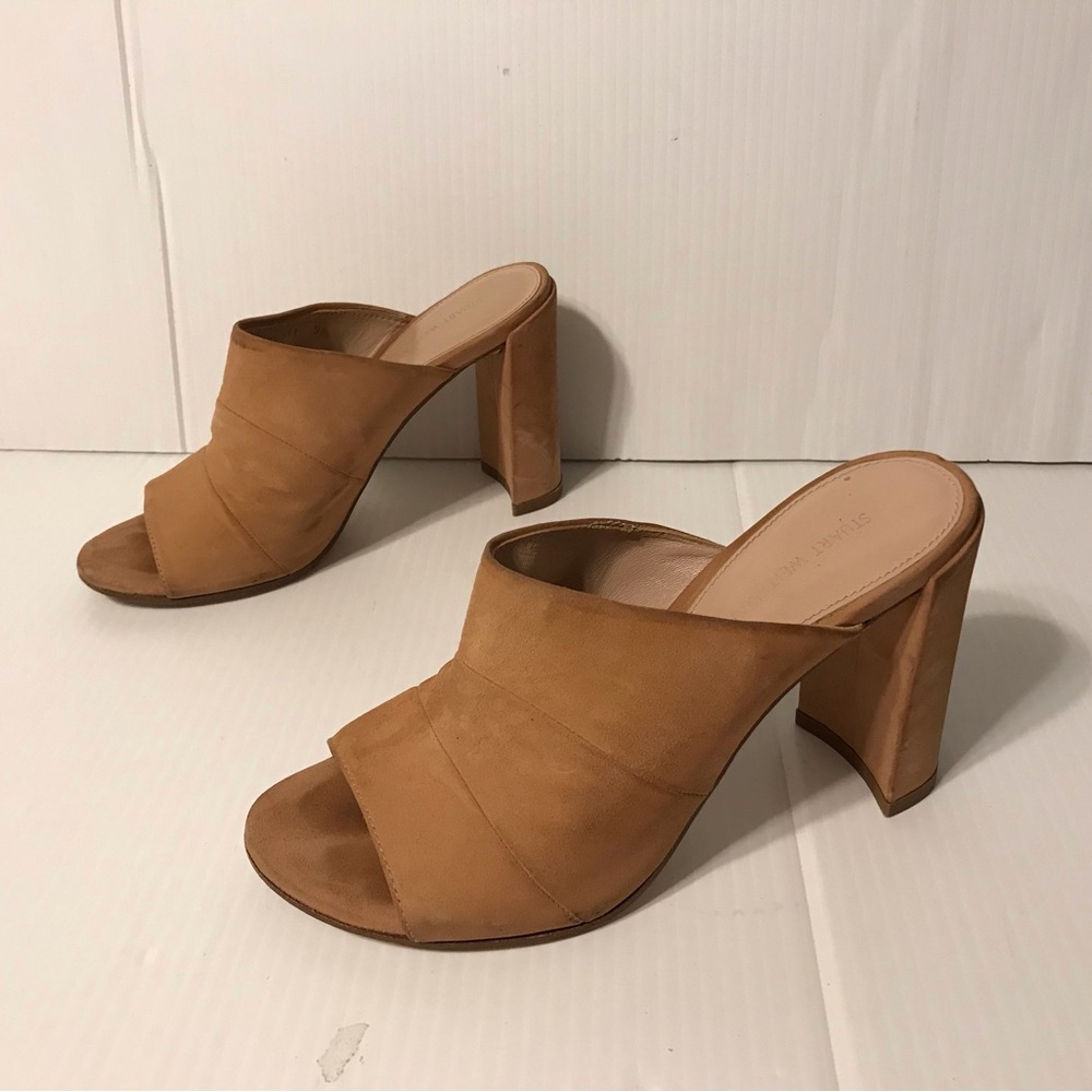 Stuart Weitzman suede mules slide blush open toe block heel size 5.5